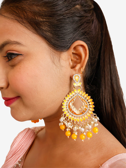 Gold-Toned &amp; Chandbali Earrings with Crystals and Pearls for Women by Shreekama Yellow Fashion Jewelry for Party Festival Wedding Occasion in Noida