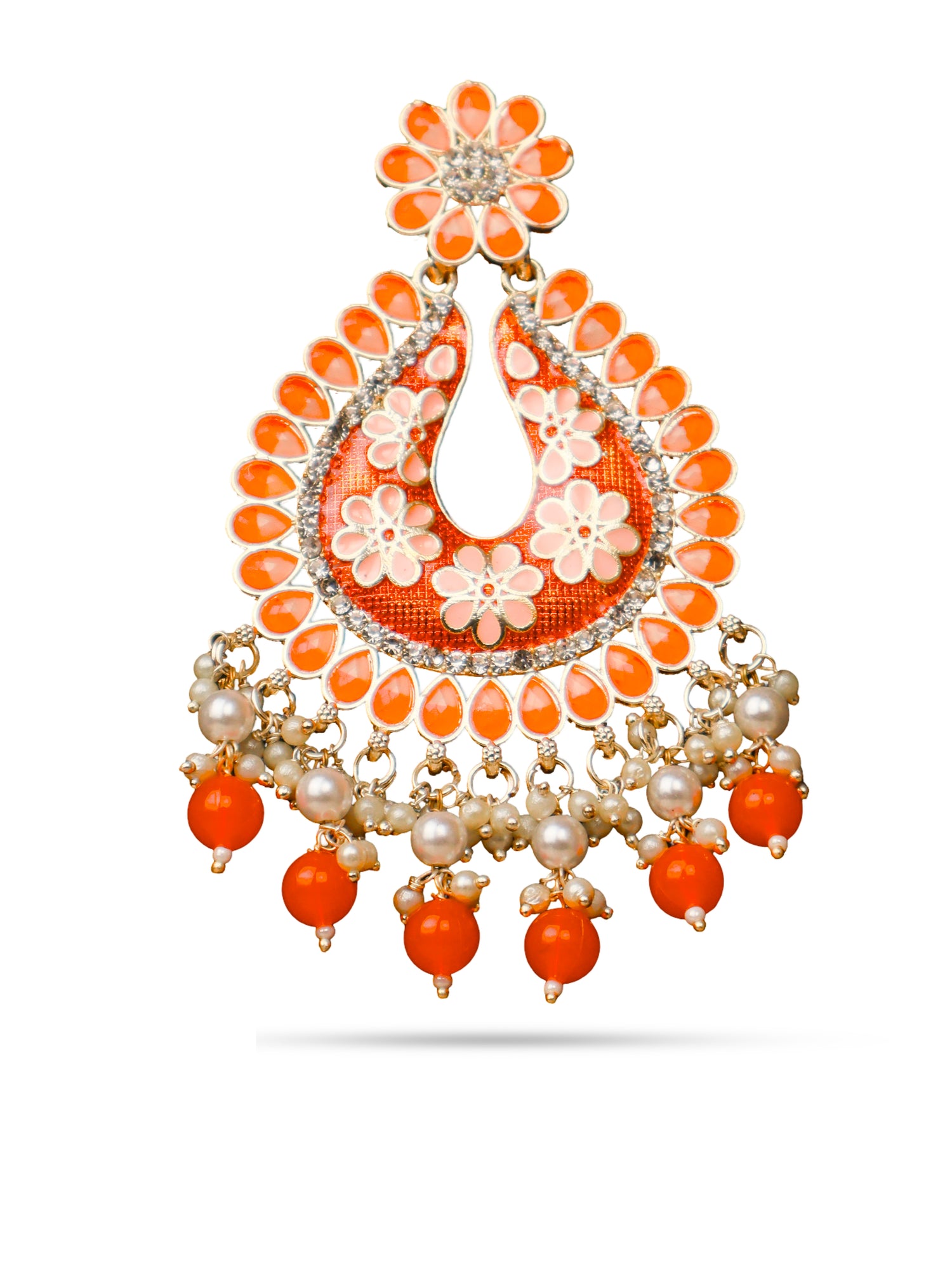 Jewels Chandbali Earrings for Women with Kundan Stones and Beads by Shreekama Orange Fashion Jewelry for Party Festival Wedding Occasion in Noida