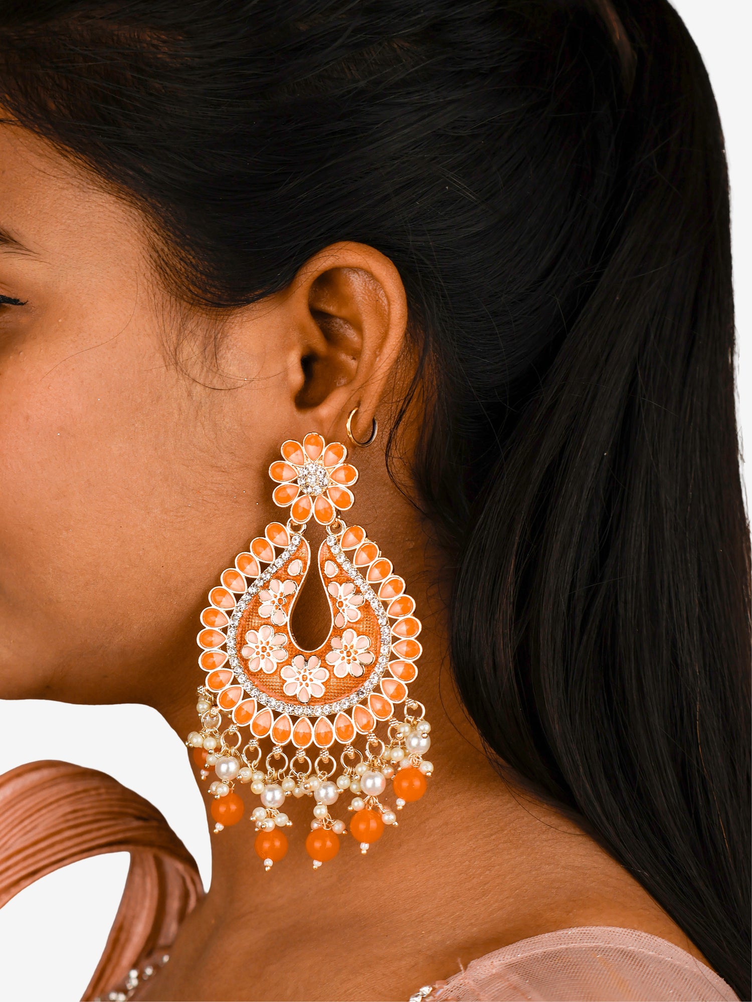 Jewels Chandbali Earrings for Women with Kundan Stones and Beads by Shreekama Orange Fashion Jewelry for Party Festival Wedding Occasion in Noida