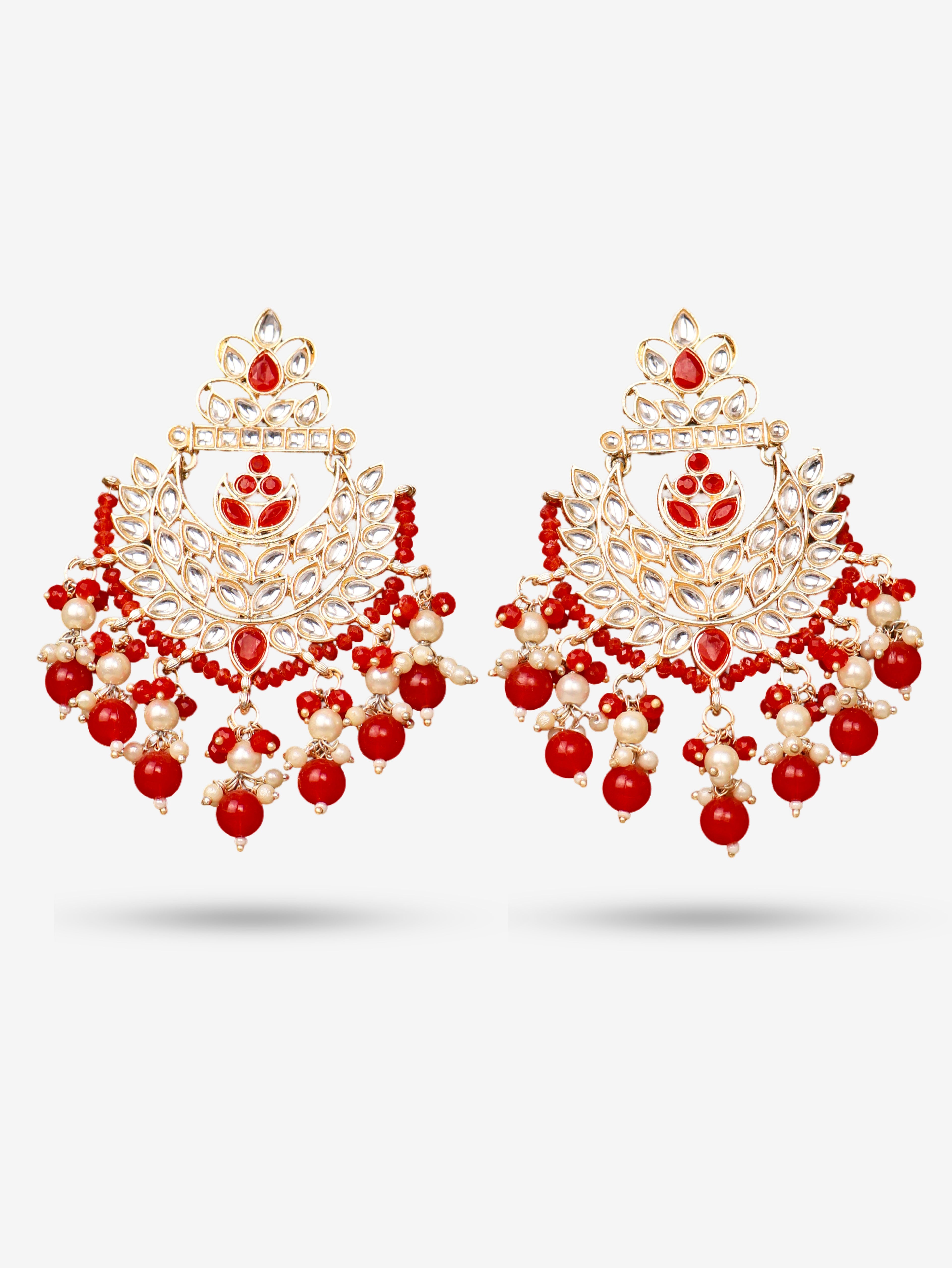 Kundan &amp; Pearl Drop Earrings with Textured Detailing for Women by Shreekama Red Fashion Jewelry for Party Festival Wedding Occasion in Noida