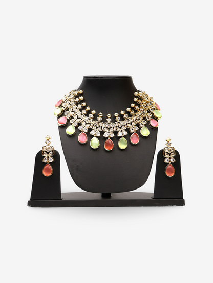 Three Layer Pink &amp; Mint Green Monalisa Stones and Polki Necklace Set Fashion Jewelry for Party Festival Wedding Occasion in Noida