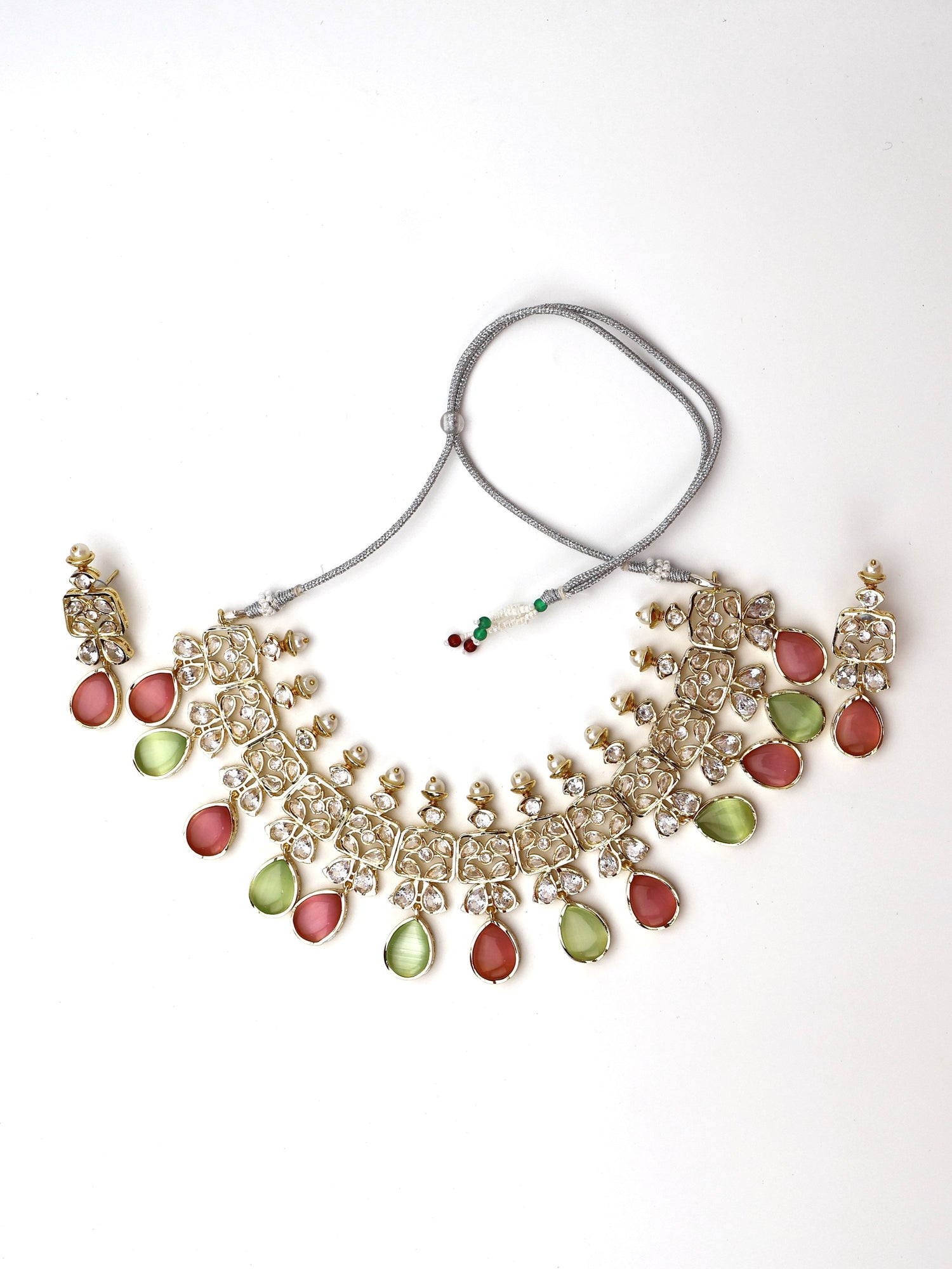 Three Layer Pink &amp; Mint Green Monalisa Stones and Polki Necklace Set Fashion Jewelry for Party Festival Wedding Occasion in Noida