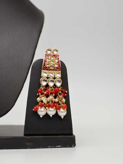 Red Meenakari Kundan &amp; Pearl Necklace Set with Earrings &amp; Mang Tikka. Fashion Jewelry for Party Festival Wedding Occasion in Noida