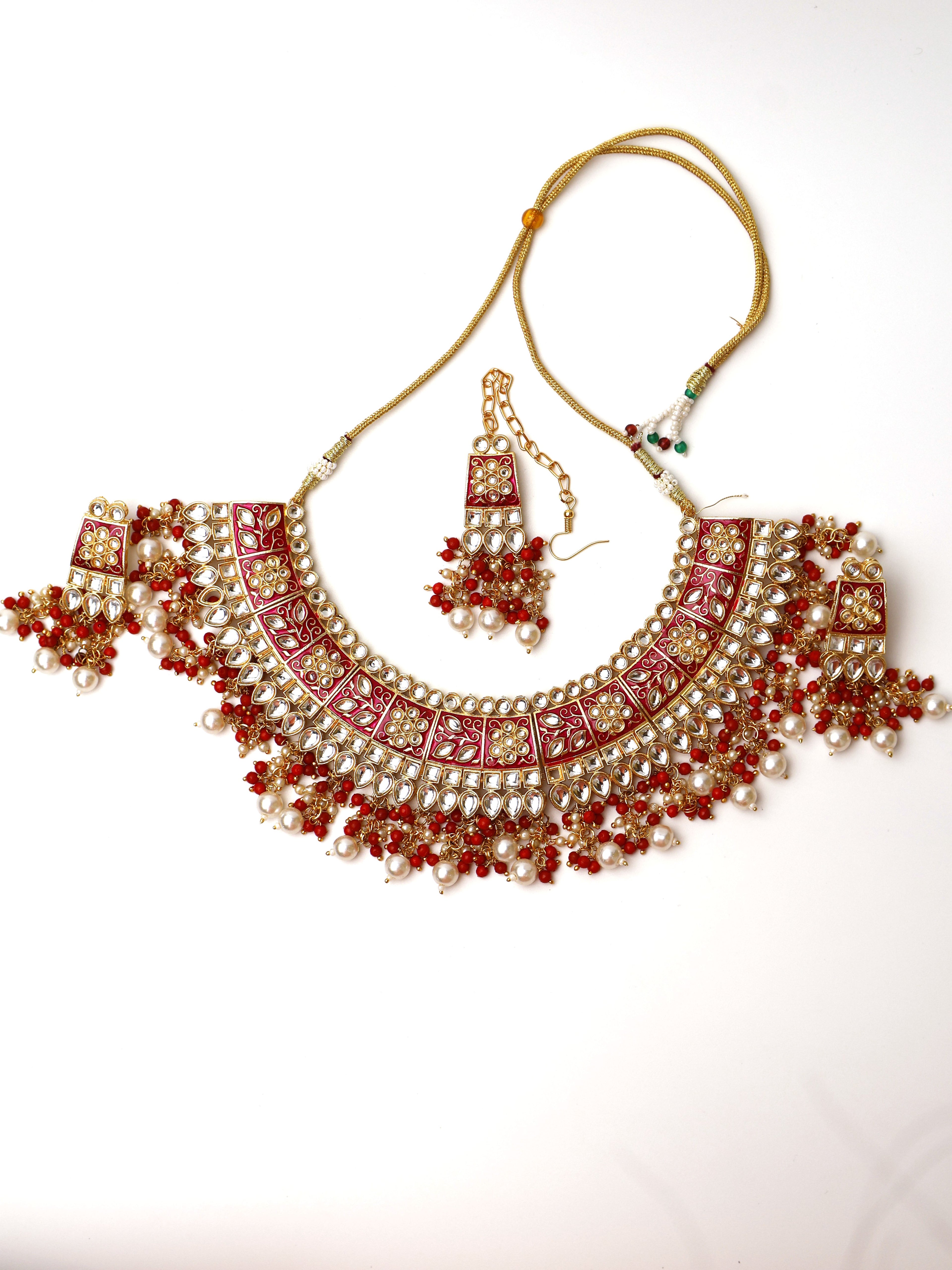 Red Meenakari Kundan &amp; Pearl Necklace Set with Earrings &amp; Mang Tikka. Fashion Jewelry for Party Festival Wedding Occasion in Noida