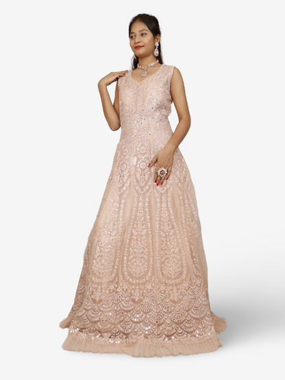 Gown with Thread Work &amp; Stones by Shreekama Peach Designer Gowns for Party Festival Wedding Occasion in Noida