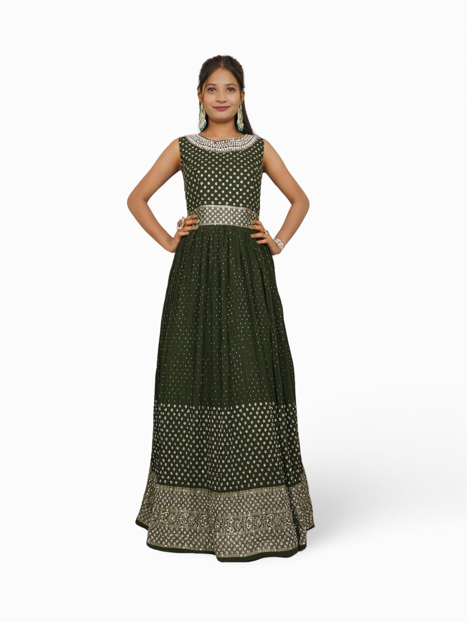 Gown with Stone &amp; Kundan Work by Shreekama Dark Green Designer Gowns for Party Festival Wedding Occasion in Noida