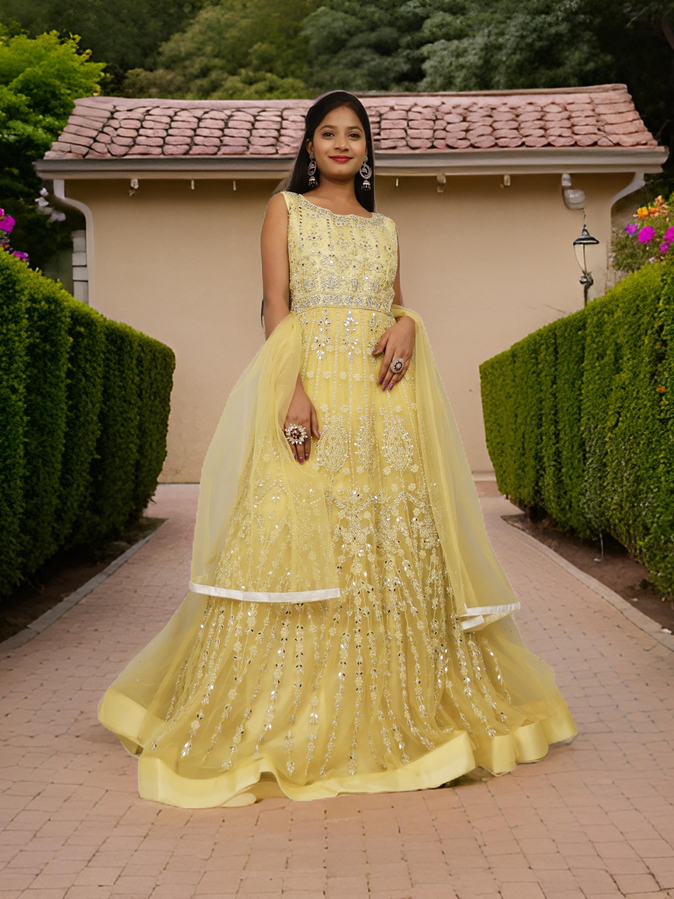 Net Fabric Gown with Pearl &amp; Embroidery by Shreekama Lemon Yellow Designer Gowns for Party Festival Wedding Occasion in Noida