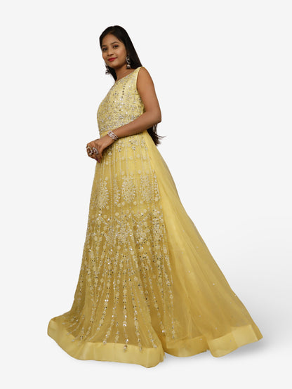 Net Fabric Gown with Pearl &amp; Embroidery by Shreekama Lemon Yellow Designer Gowns for Party Festival Wedding Occasion in Noida