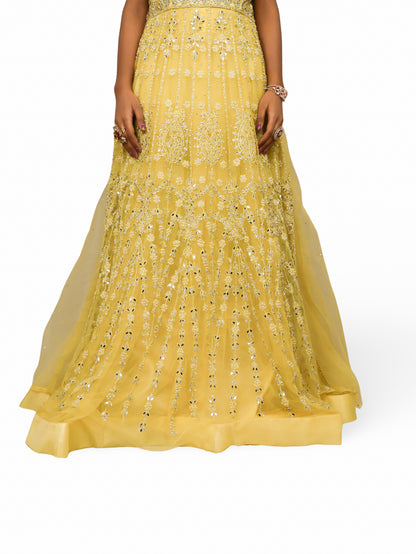 Net Fabric Gown with Pearl &amp; Embroidery by Shreekama Lemon Yellow Designer Gowns for Party Festival Wedding Occasion in Noida