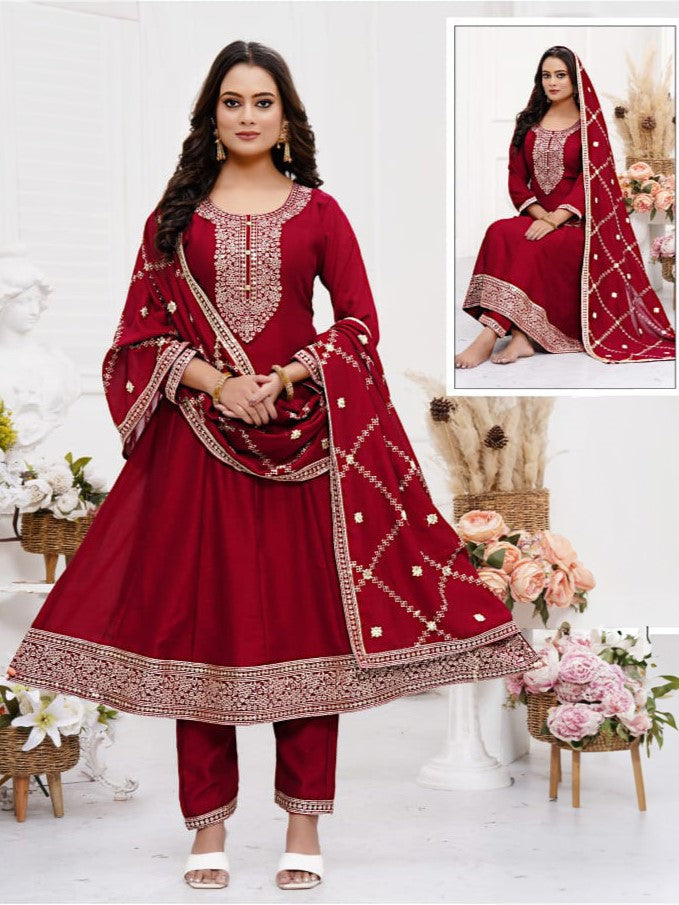 Woman Anarkali Suit Set with Pant-Dupatta