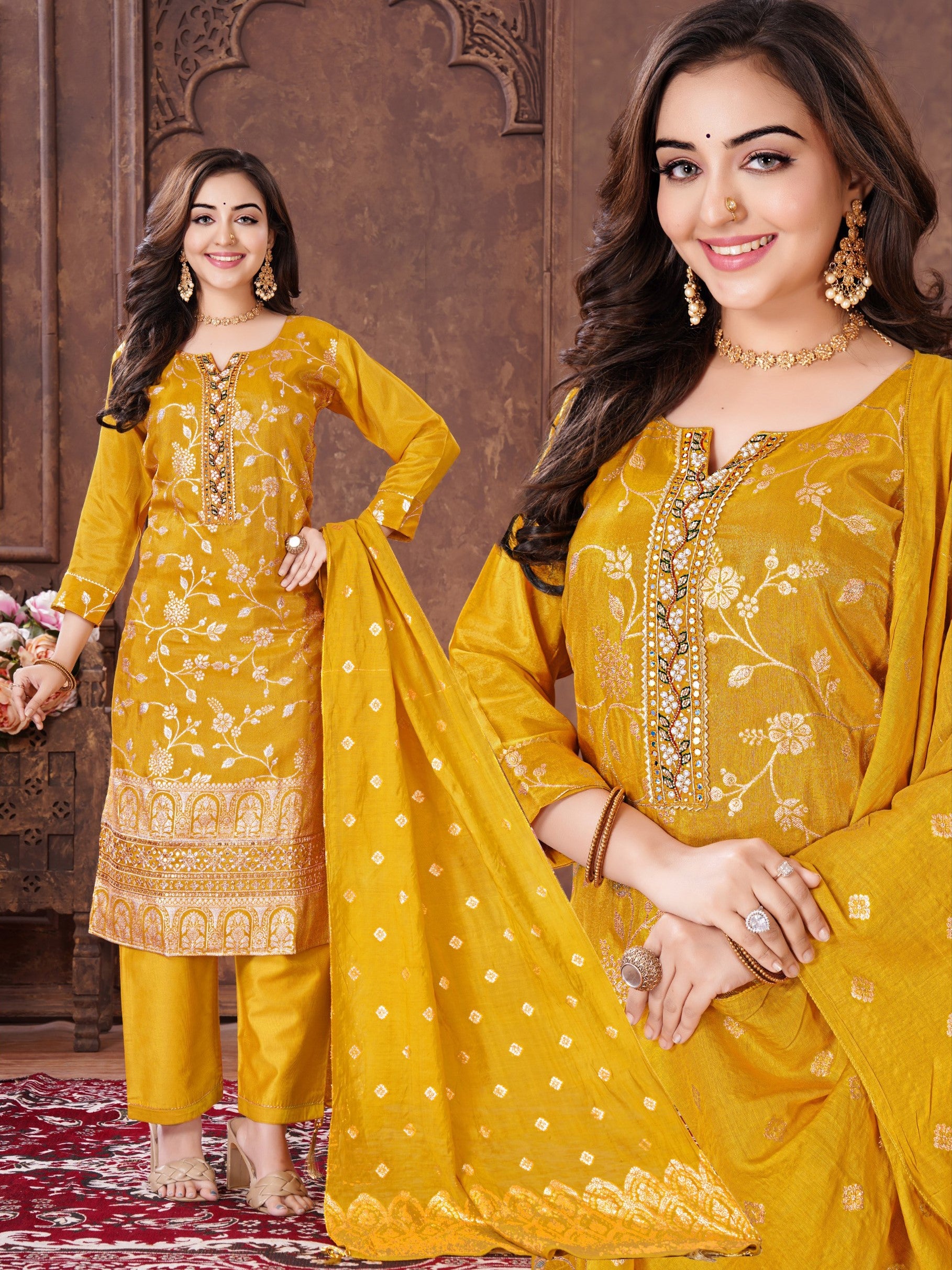 Woman Straight Suit Set with Pant-Dupatta