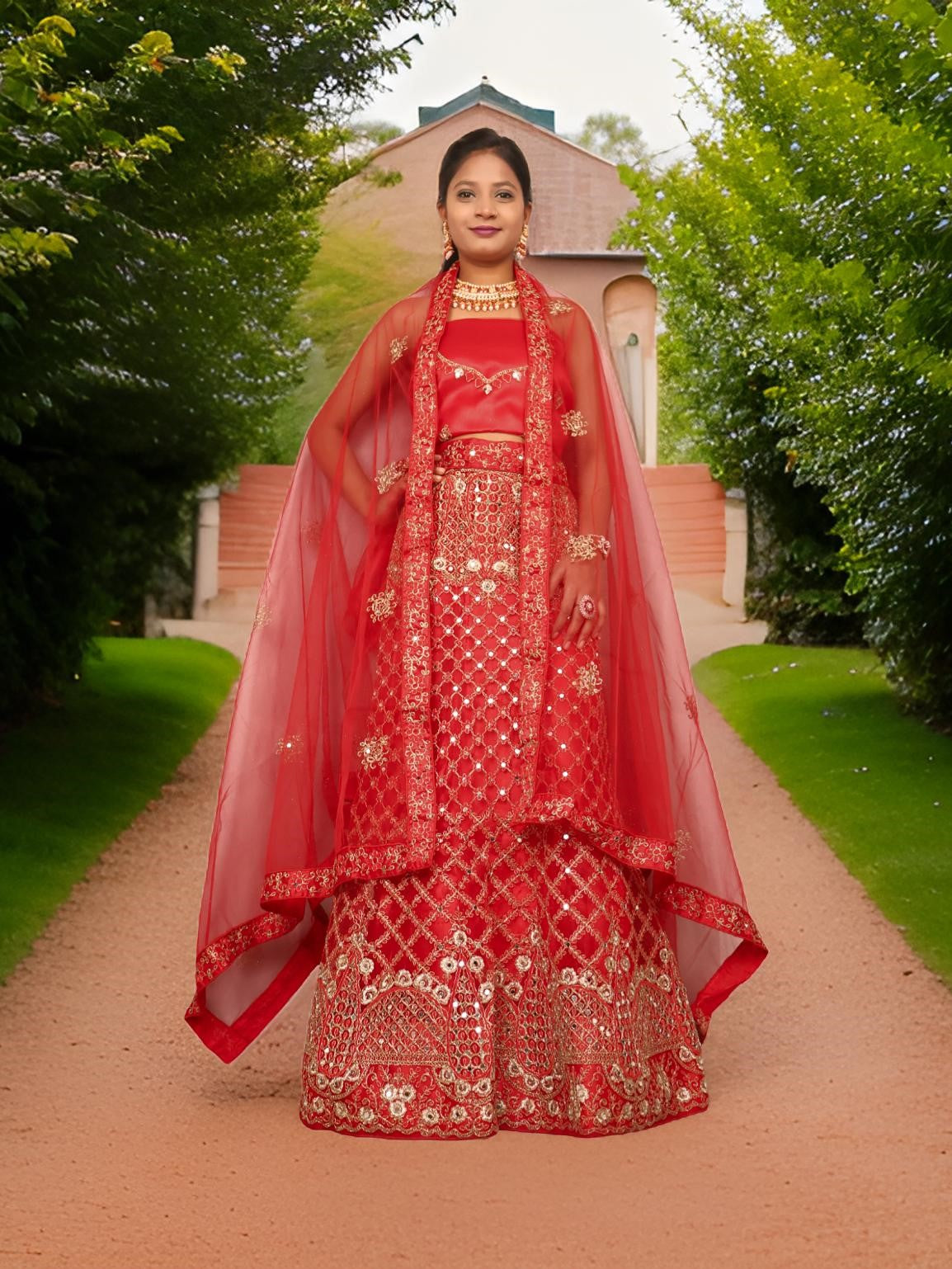 Semi-Stitched Lehenga Embroidery &amp; Zari Thread Work by Shreekama Red Semi-Stitched Lehenga for Party Festival Wedding Occasion in Noida