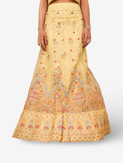 Semi-Stitched Lehenga Embroidery &amp; Zari Thread Work by Shreekama Lemon Yellow Semi-Stitched Lehenga for Party Festival Wedding Occasion in Noida