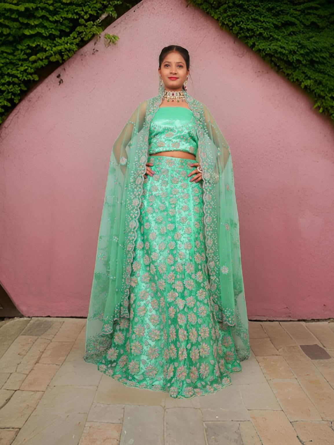 Semi-Stitched Lehenga with Soft Net Fabric &amp; Multi beads work by Shreekama Sea Green Semi-Stitched Lehenga for Party Festival Wedding Occasion in Noida