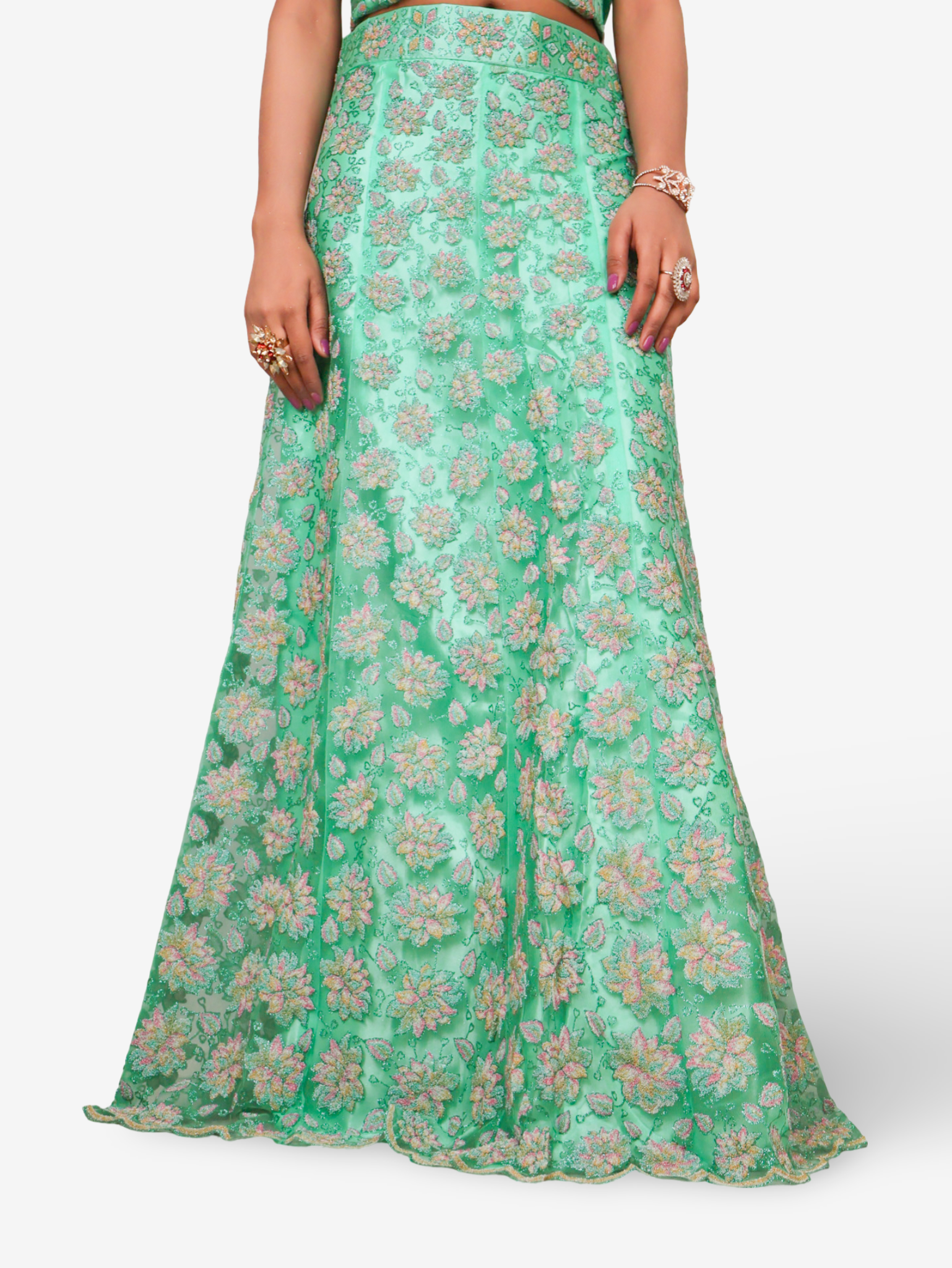 Semi-Stitched Lehenga with Soft Net Fabric &amp; Multi beads work by Shreekama Sea Green Semi-Stitched Lehenga for Party Festival Wedding Occasion in Noida