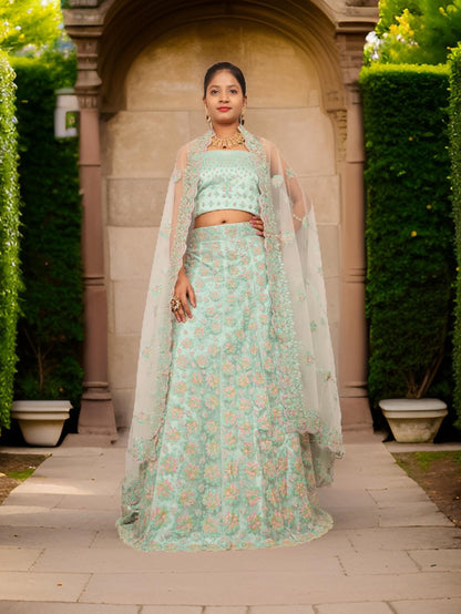 Semi-Stitched Lehenga with Soft Net Fabric &amp; Multi beads work by Shreekama Mint Green Semi-Stitched Lehenga for Party Festival Wedding Occasion in Noida