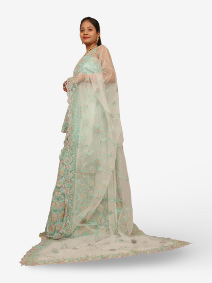 Semi-Stitched Lehenga with Soft Net Fabric &amp; Multi beads work by Shreekama Mint Green Semi-Stitched Lehenga for Party Festival Wedding Occasion in Noida