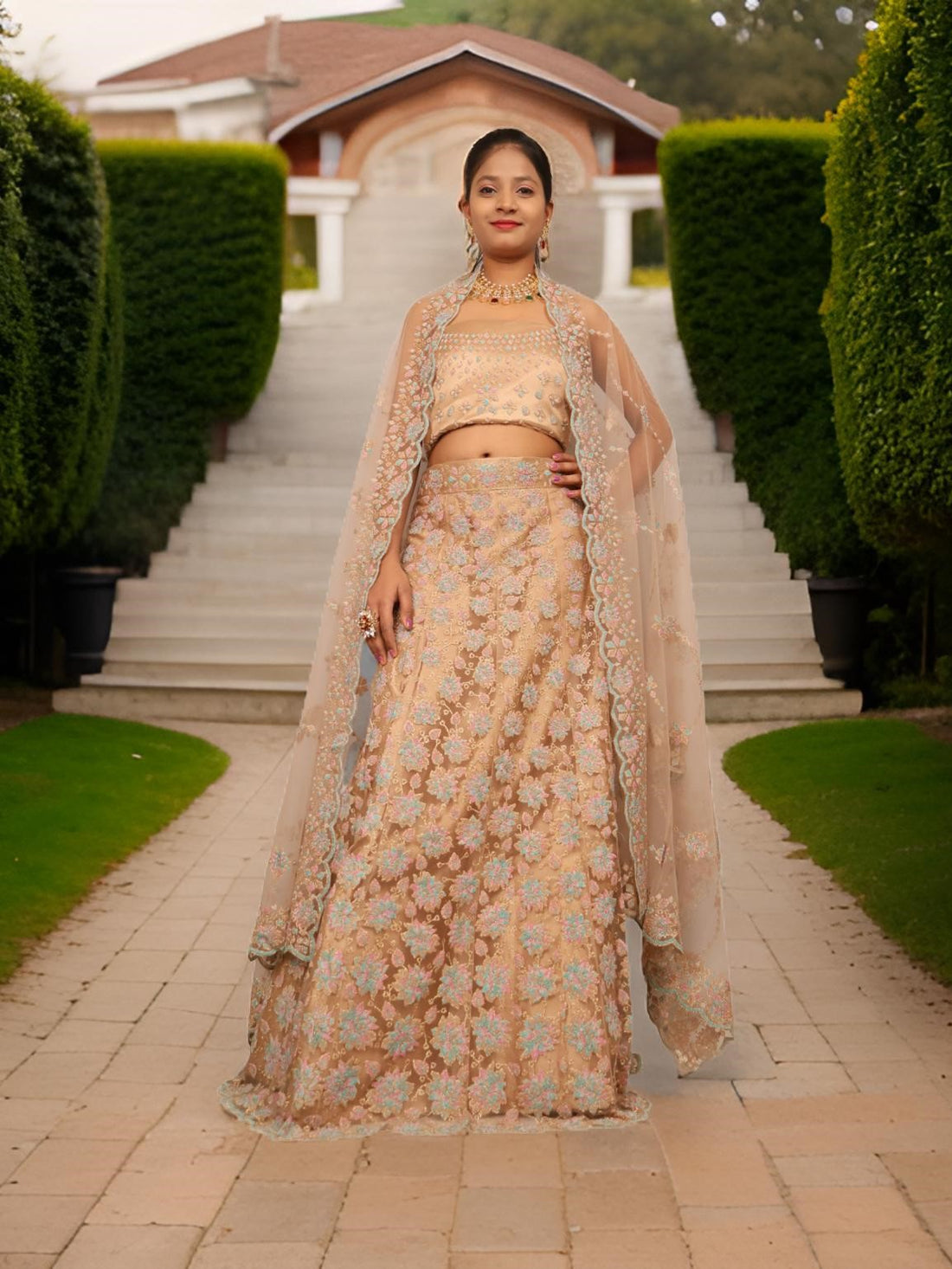 Semi-Stitched Lehenga with Soft Net Fabric &amp; Multi beads work by Shreekama Gold Semi-Stitched Lehenga for Party Festival Wedding Occasion in Noida