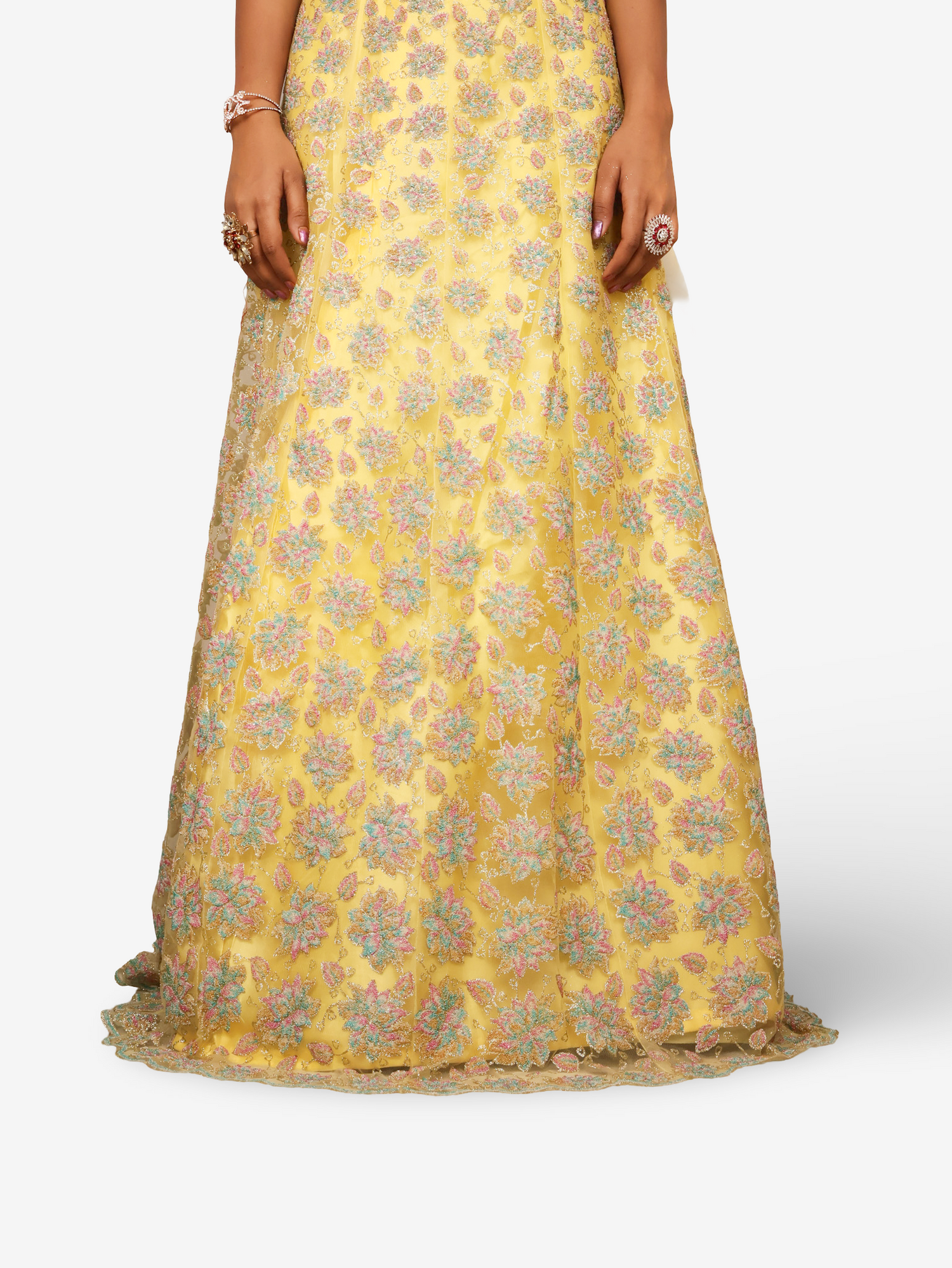 Semi-Stitched Lehenga with Soft Net Fabric &amp; Multi beads work by Shreekama Lemon Yellow Semi-Stitched Lehenga for Party Festival Wedding Occasion in Noida