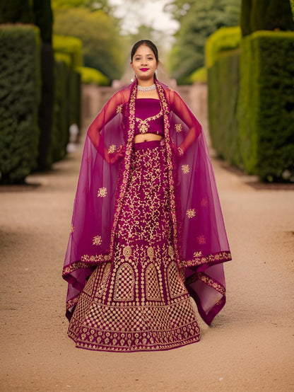 Semi-Stitched Lehenga with Soft Net Fabric &amp; Zari Thread Work by Shreekama Wine Semi-Stitched Lehenga for Party Festival Wedding Occasion in Noida