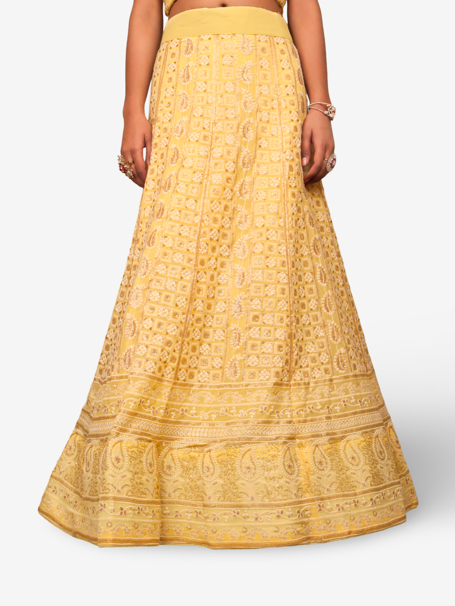 Semi-Stitched Lehenga with Embroidery &amp; Golden Sequin work by Shreekama Yellow Semi-Stitched Lehenga for Party Festival Wedding Occasion in Noida