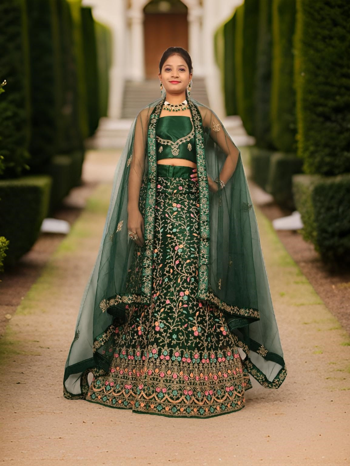 Semi-Stitched Lehenga with Embroidery &amp; Zari Thread Work by Shreekama