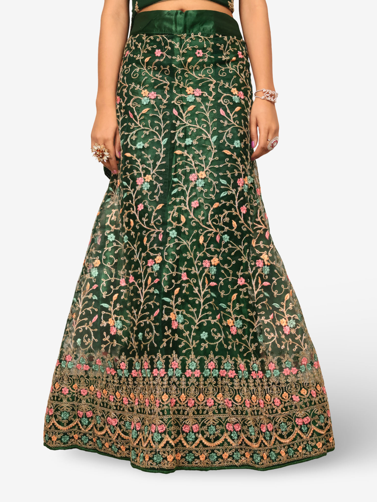 Semi-Stitched Lehenga with Embroidery &amp; Zari Thread Work by Shreekama Dark Green Semi-Stitched Lehenga for Party Festival Wedding Occasion in Noida