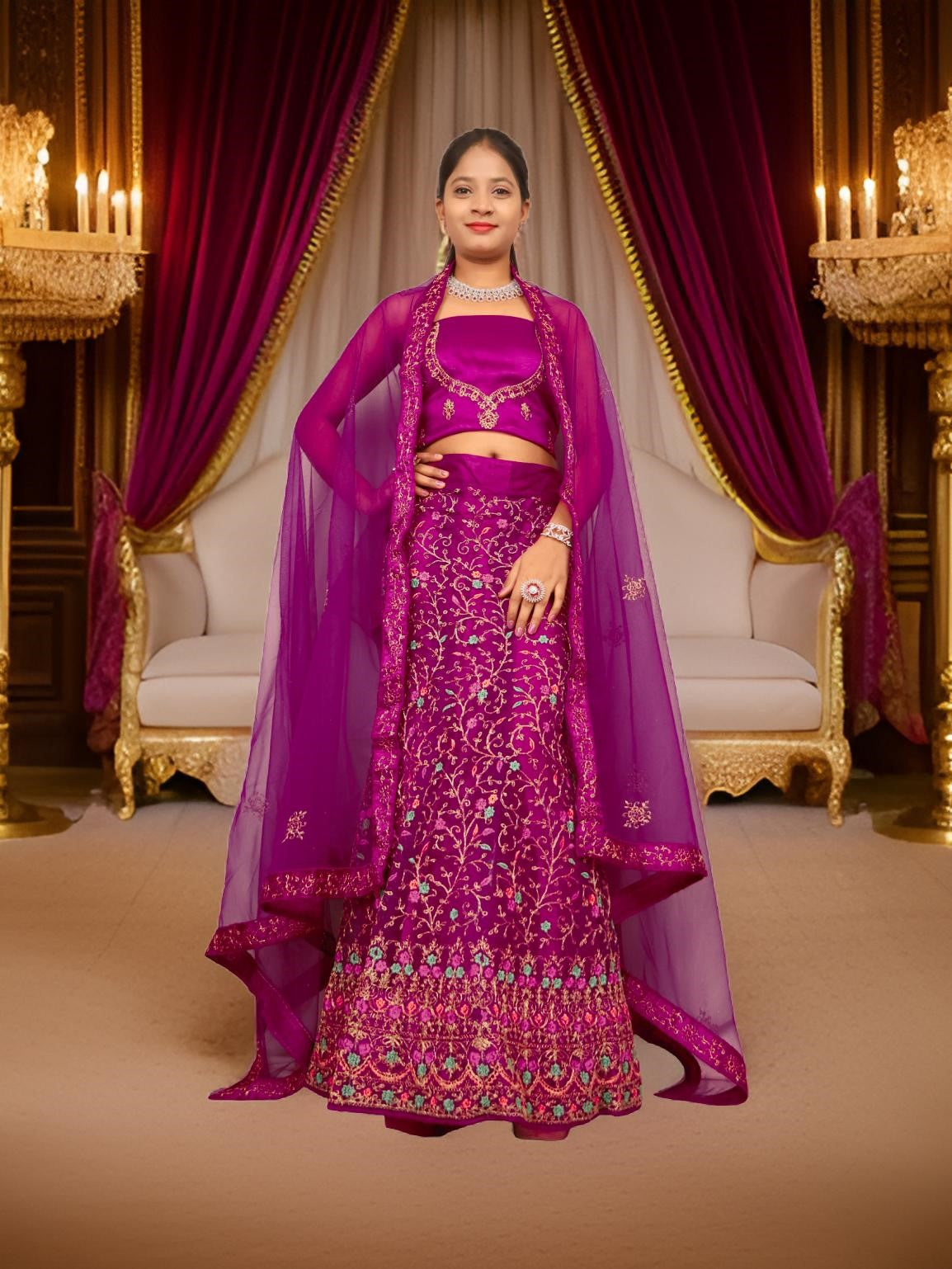 Semi-Stitched Lehenga with Embroidery &amp; Zari Thread Work by Shreekama Purple Semi-Stitched Lehenga for Party Festival Wedding Occasion in Noida