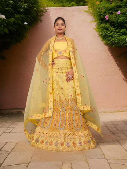 Semi-Stitched Lehenga with Embroidery &amp; Zari Thread Work by Shreekama Yellow Semi-Stitched Lehenga for Party Festival Wedding Occasion in Noida