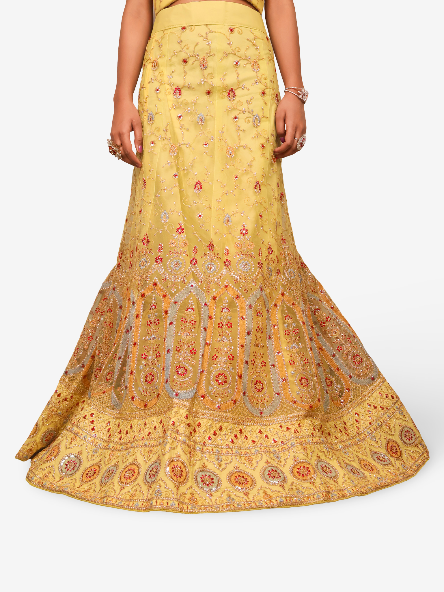 Semi-Stitched Lehenga with Embroidery &amp; Zari Thread Work by Shreekama Yellow Semi-Stitched Lehenga for Party Festival Wedding Occasion in Noida