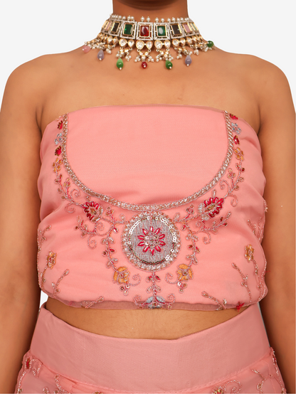 Semi-Stitched Lehenga with Embroidery &amp; Zari Thread Work by Shreekama Baby Pink Semi-Stitched Lehenga for Party Festival Wedding Occasion in Noida