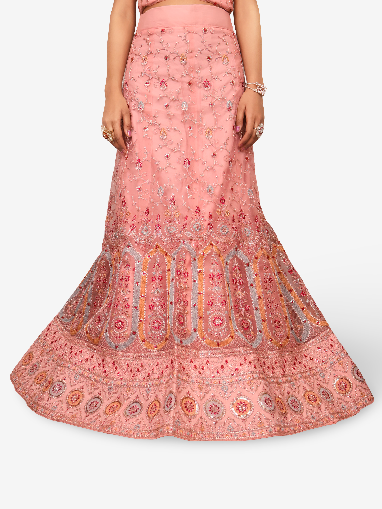 Semi-Stitched Lehenga with Embroidery &amp; Zari Thread Work by Shreekama Baby Pink Semi-Stitched Lehenga for Party Festival Wedding Occasion in Noida