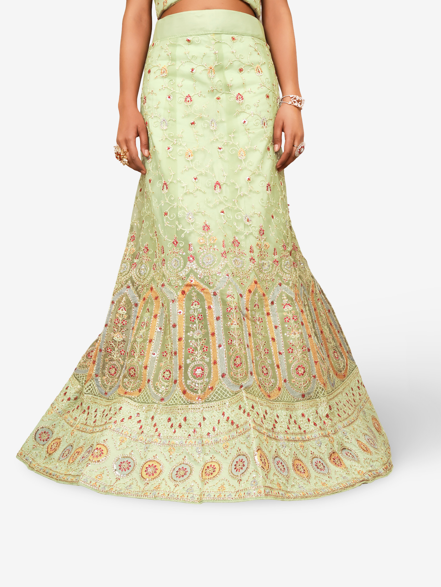 Semi-Stitched Lehenga with Embroidery &amp; Zari Thread Work by Shreekama Pista Green Semi-Stitched Lehenga for Party Festival Wedding Occasion in Noida