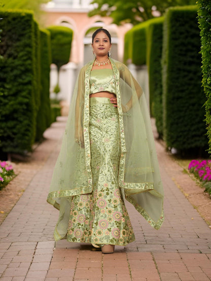 Semi-Stitched Lehenga with Soft Net Fabric &amp; Zari Thread Work by Shreekama Pista Green Semi-Stitched Lehenga for Party Festival Wedding Occasion in Noida