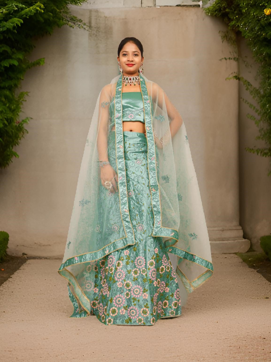 Semi-Stitched Lehenga with Soft Net Fabric &amp; Zari Thread Work by Shreekama Sage Green Semi-Stitched Lehenga for Party Festival Wedding Occasion in Noida