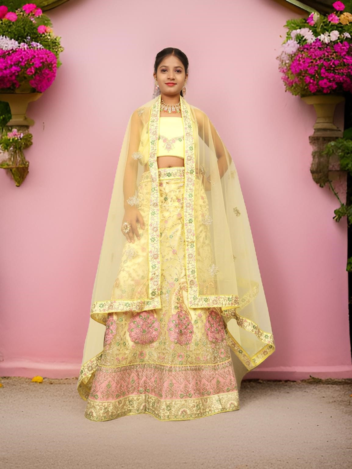 Semi-Stitched Lehenga with Soft Net Fabric &amp; Zari Thread Work by Shreekama Lemon Yellow Semi-Stitched Lehenga for Party Festival Wedding Occasion in Noida