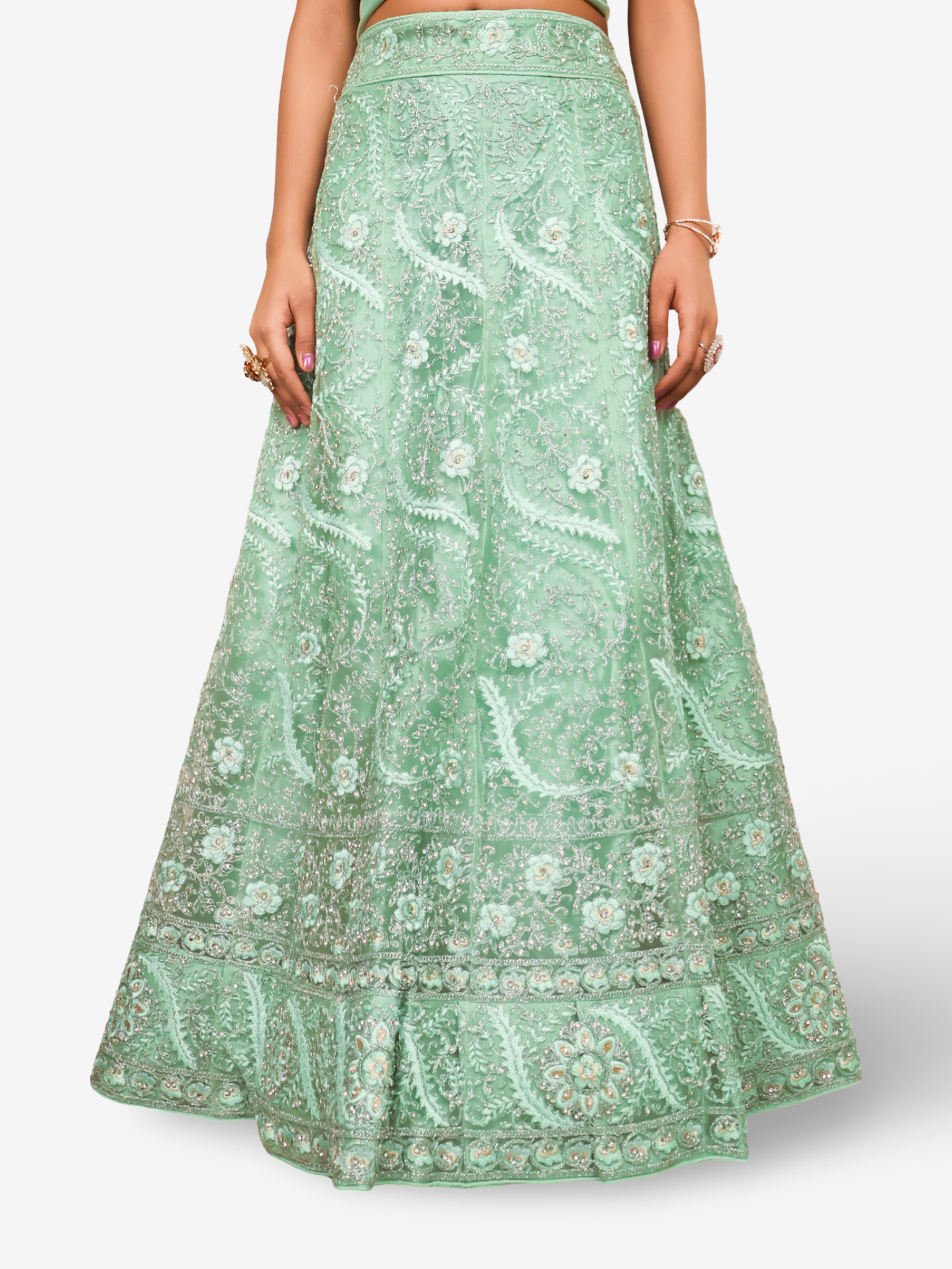 Semi-Stitched Lehenga with American Diamond &amp; Zari Thread Work by Shreekama Pista Green Semi-Stitched Lehenga for Party Festival Wedding Occasion in Noida