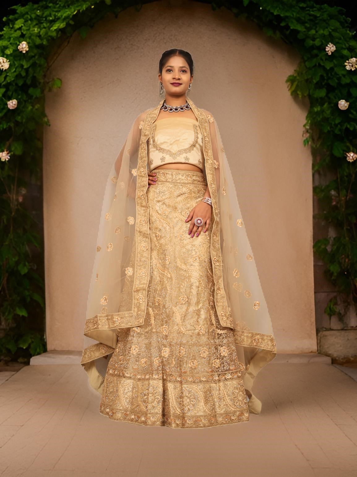 Semi-Stitched Lehenga with American Diamond &amp; Zari Thread Work by Shreekama Gold Semi-Stitched Lehenga for Party Festival Wedding Occasion in Noida