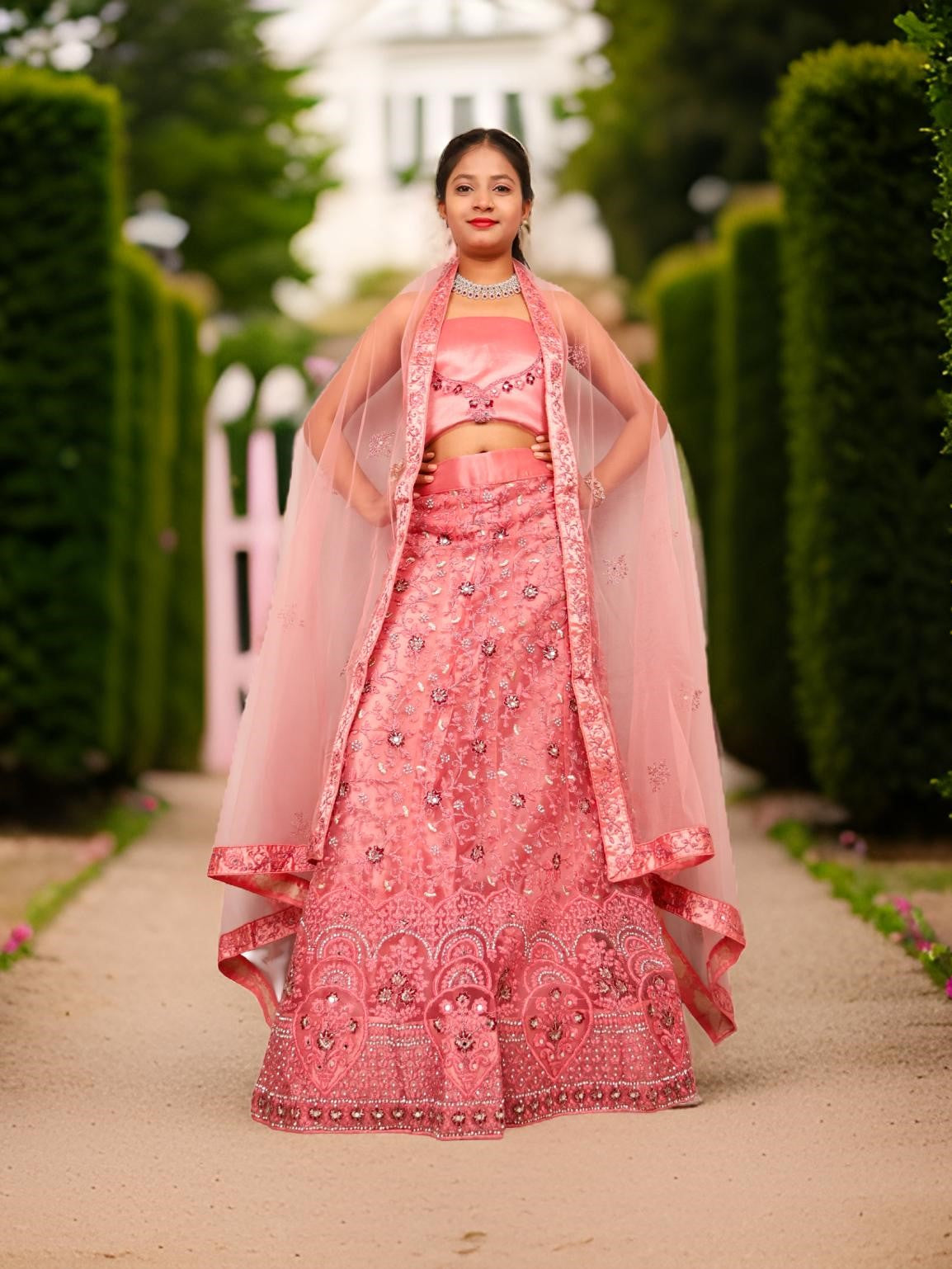 Semi-Stitched Lehenga with Soft Net Fabric &amp; Zari Thread Work by Shreekama Pink Semi-Stitched Lehenga for Party Festival Wedding Occasion in Noida